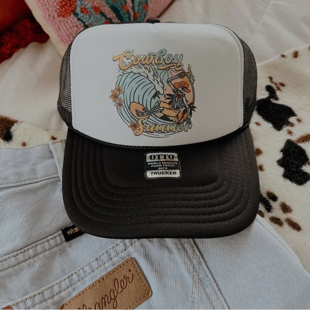 Cowboy Summer Skeleton Black and White snap back Trucker Hat